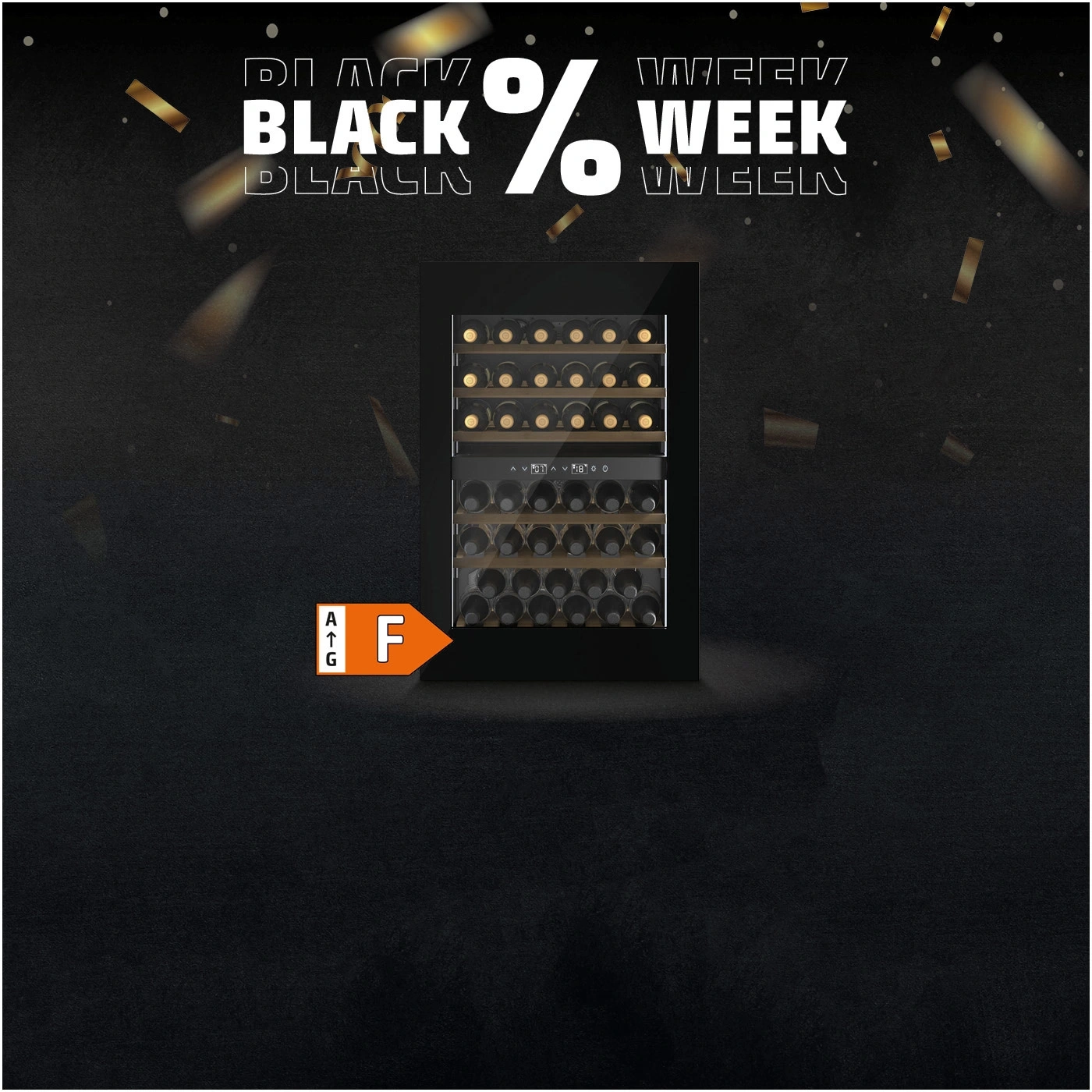 A black wine cooler with bottles and an energy efficiency label F.