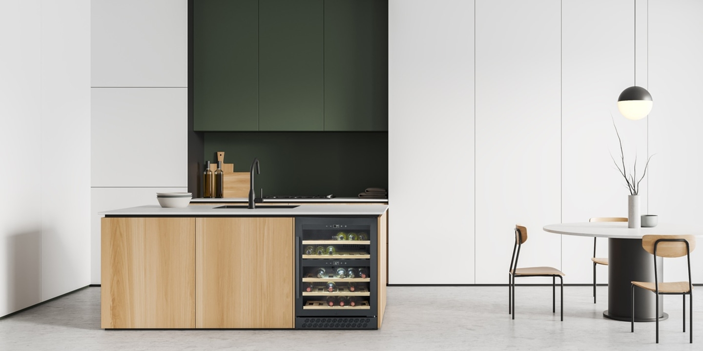 Modern kitchen with wood accents and wine cooler