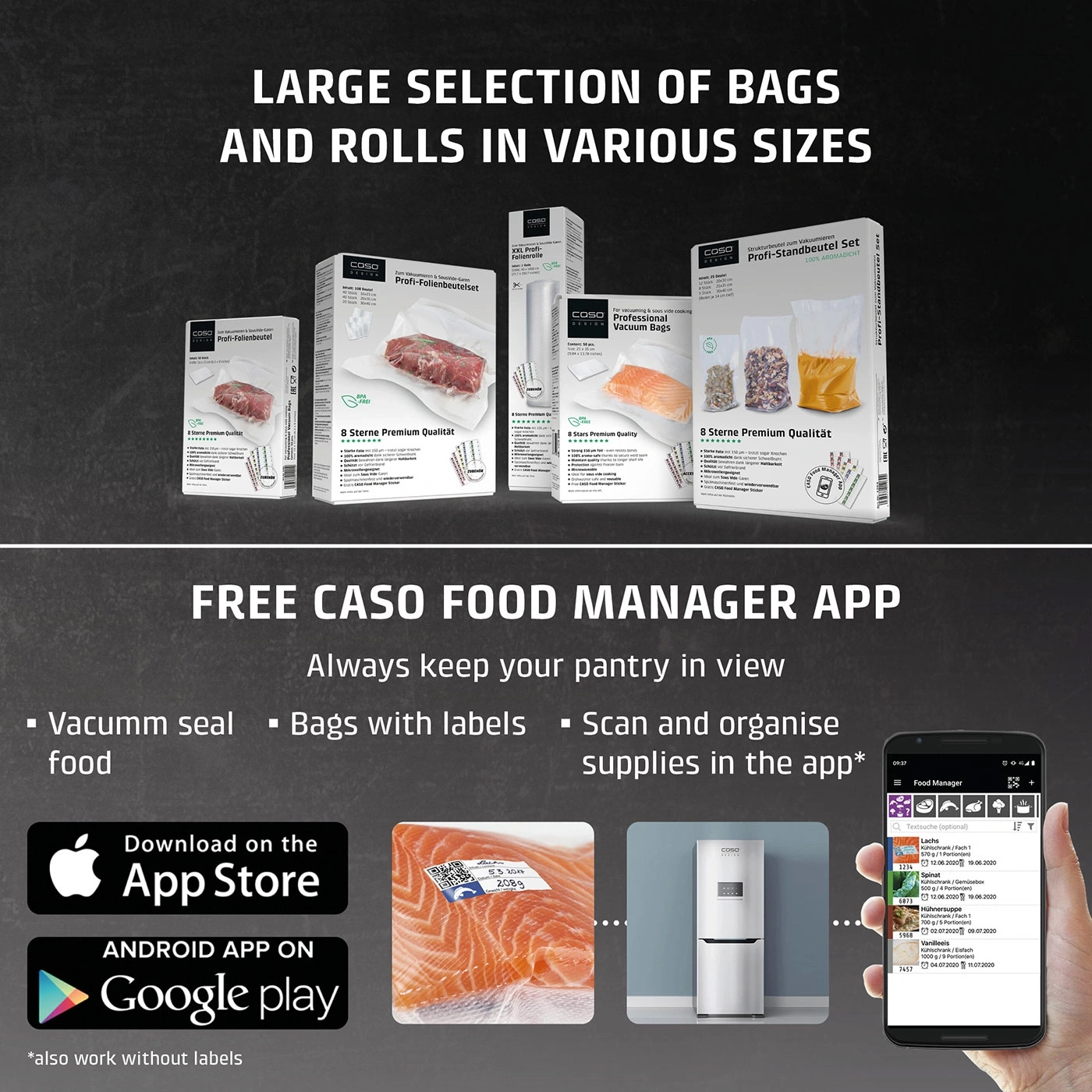 Caso Food Manager App: Vacuum food, label, scan, app, Google Play, App Store, vacuum bags