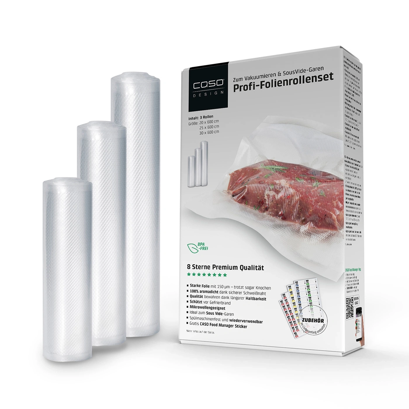 A set of vacuum sealing rolls from CASO DESIGN in three different sizes for sous vide and vacuum sealing.