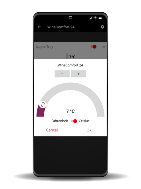 Smartphone app for wine cooler temperature control with options and settings.