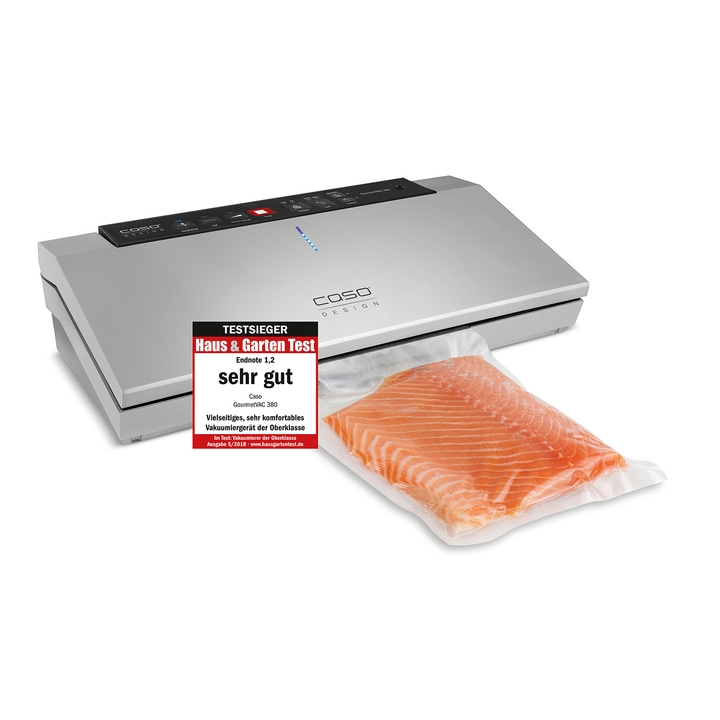 Vakuumiergerät mit Lachs, Testergebnis 'sehr gut', Caso GourmetVAC 380.