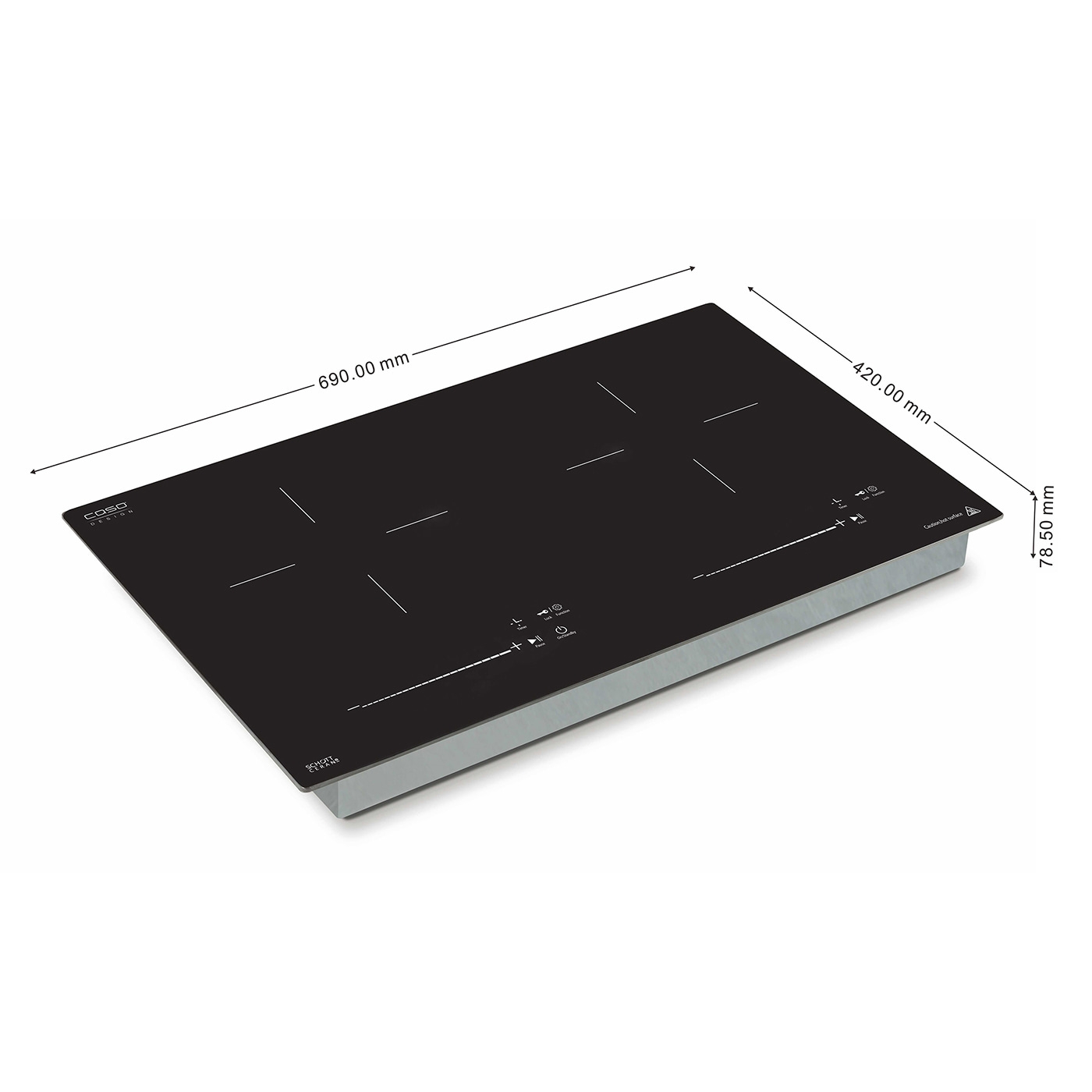 Black cooktop with dimensions: 690 mm x 420 mm x 78.50 mm