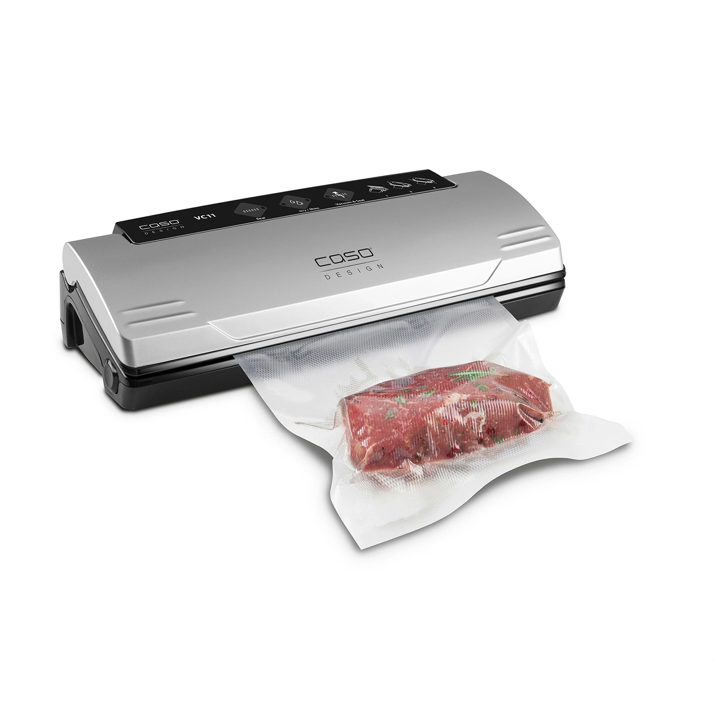 Vacuum sealer with meat in a plastic bag, silver, Caso Design