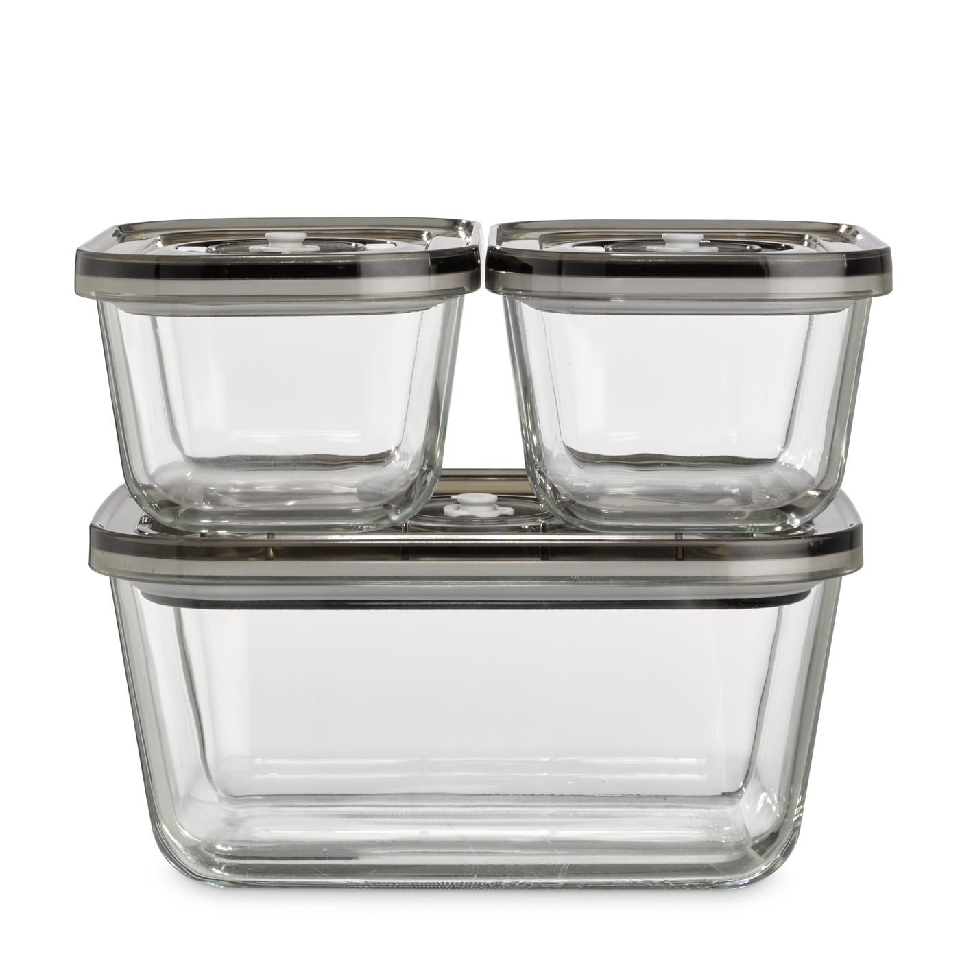 Glass food storage containers with lids, stackable, clear, for kitchen and food