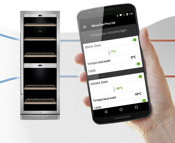 Weinkühlschrank mit Smartphone-App zur Temperaturregelung.