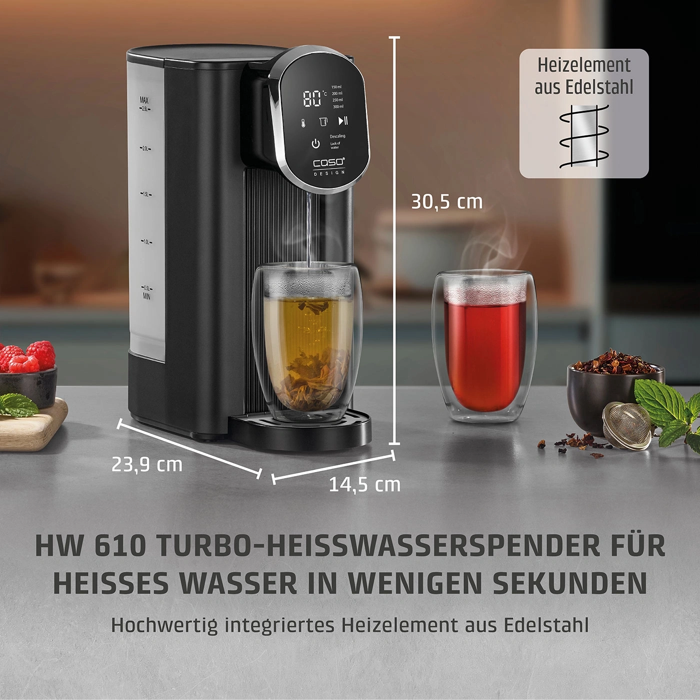Heißwasserspender mit Edelstahl-Heizelement, 30,5 cm hoch, 23,9 cm breit, 14,5 cm tief.