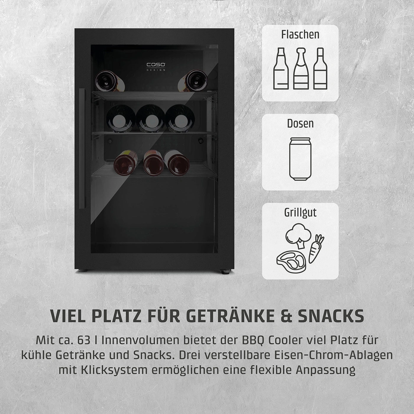 Kühlschrank mit Getränken und Snacks, Flaschen, Dosen und Grillgut.