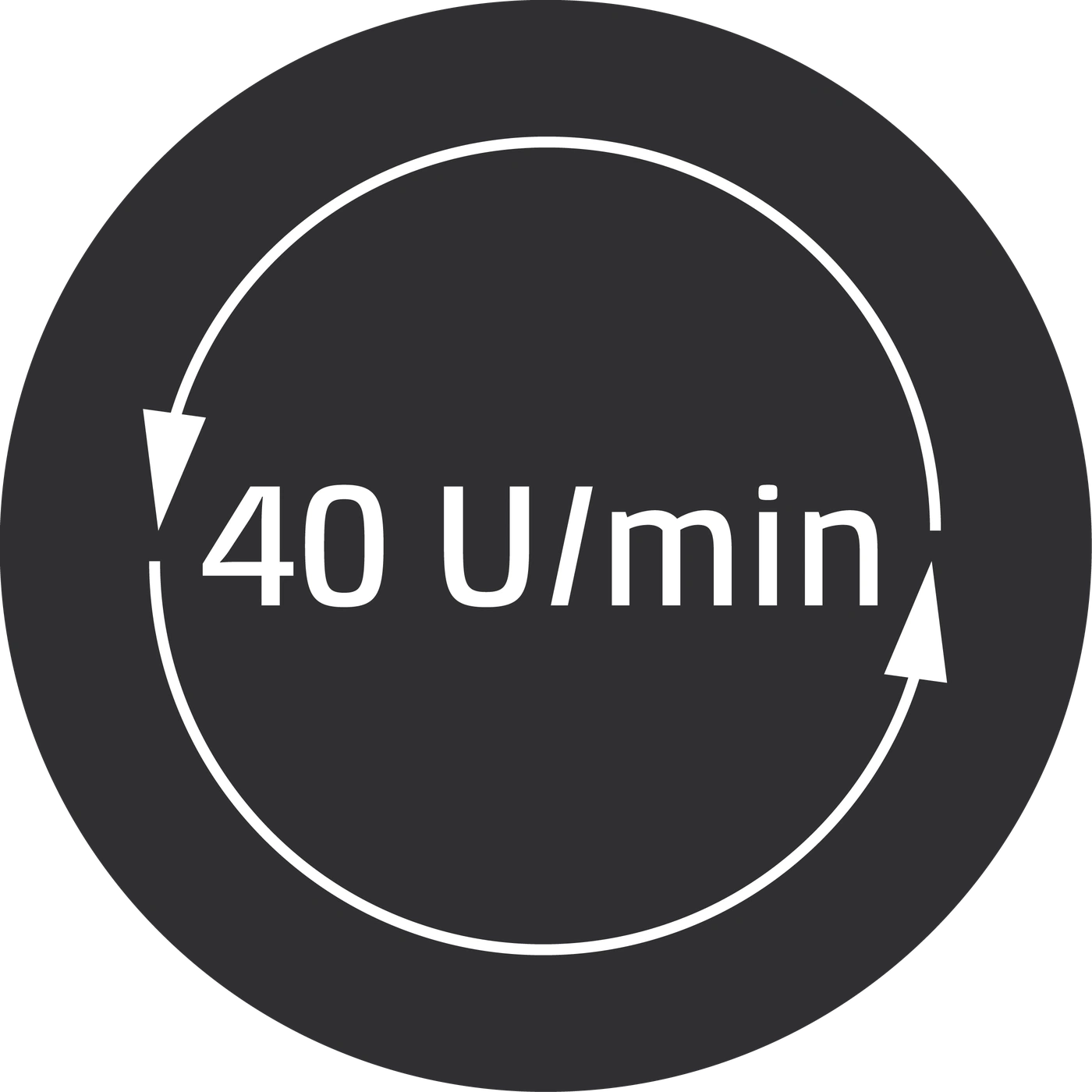 Kreisförmiges Symbol mit Pfeilen und der Aufschrift 40 U/min, das die Geschwindigkeit anzeigt.