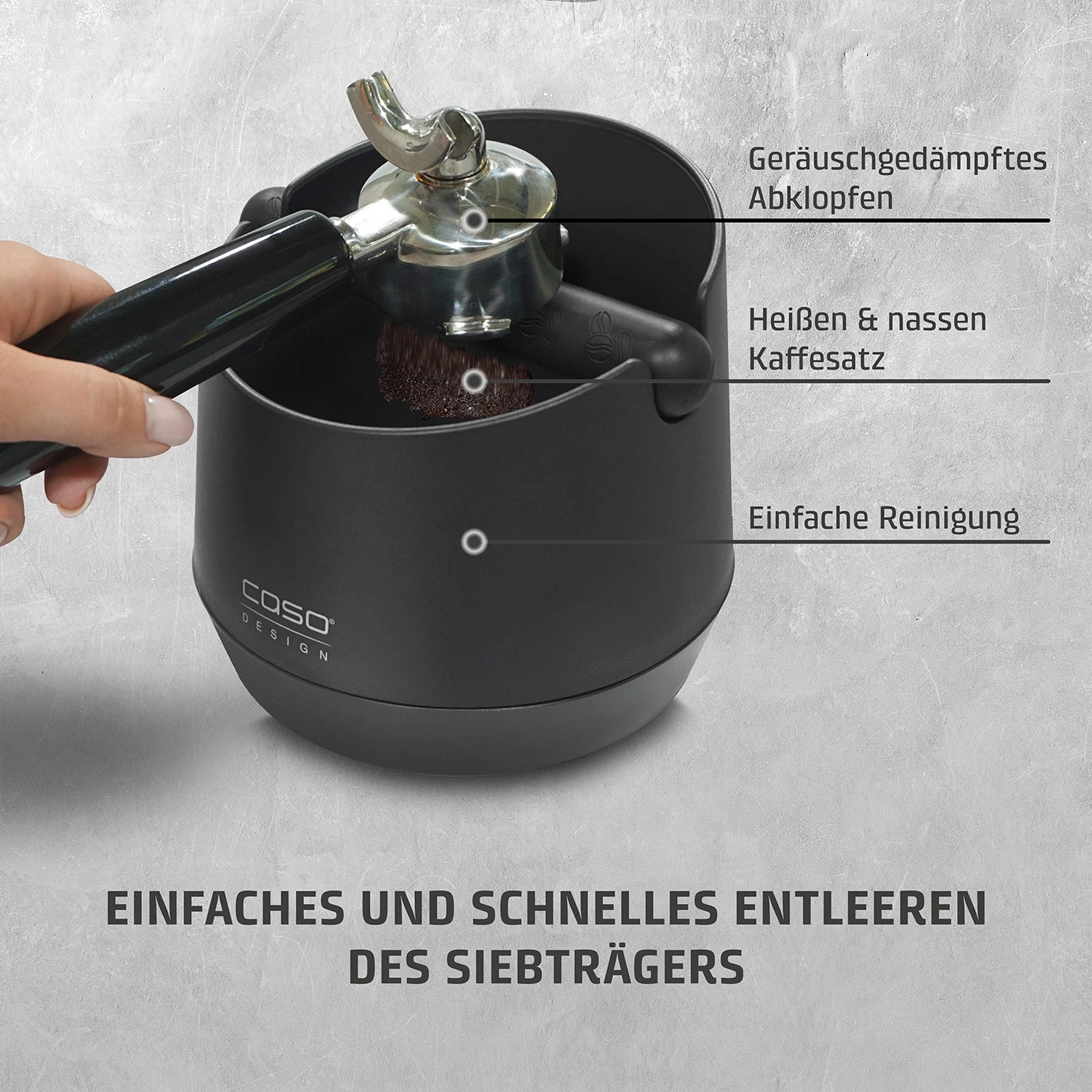 Kaffeemaschine mit Funktionen: Geräuschdämpfung, einfache Reinigung, schnelles Entleeren des Siebträgers.