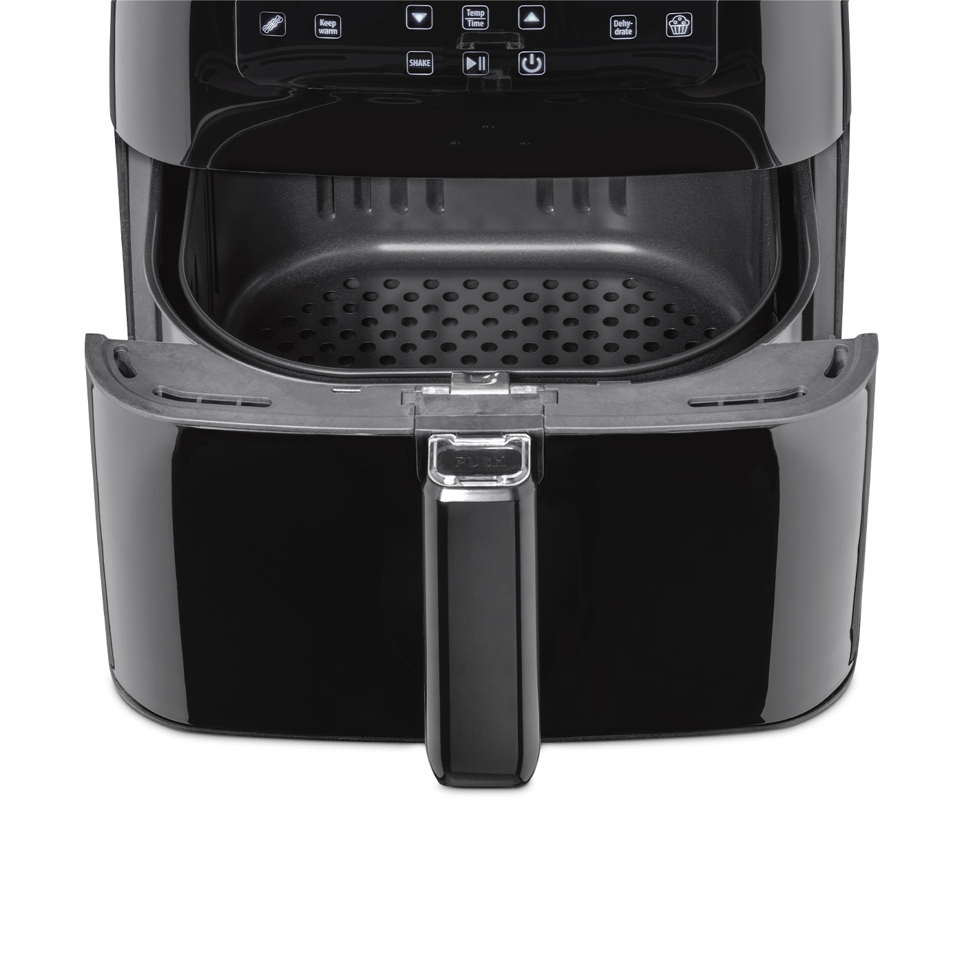 Black air fryer with pulled-out basket and control panel with symbols.