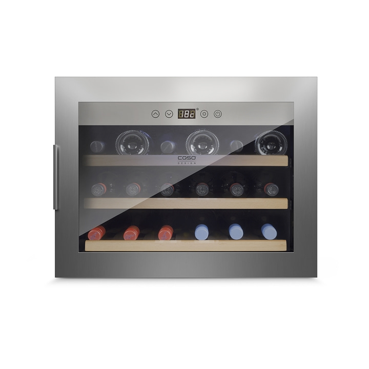 Wine cooler with glass front and bottles in various colors