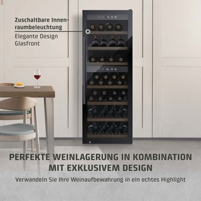 Weinkühlschrank mit Glasfront, Innenbeleuchtung und elegantem Design für perfekte Weinlagerung.