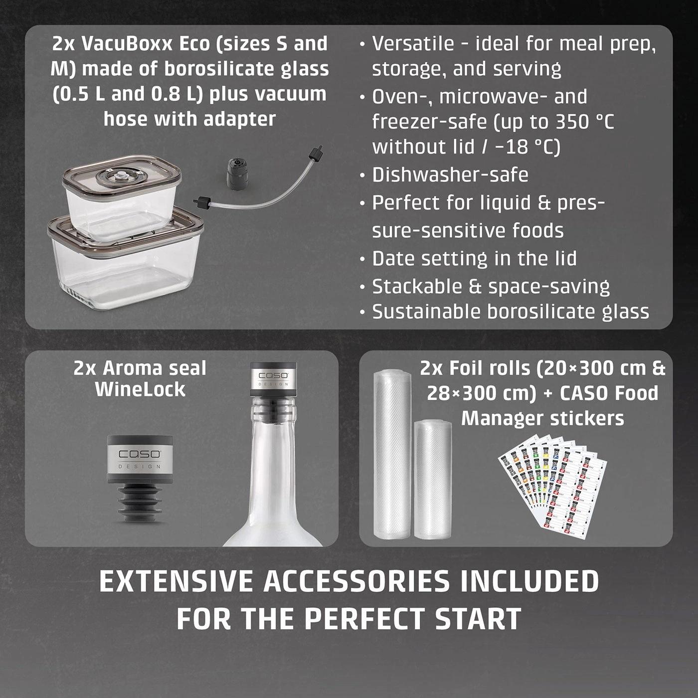 Vacuum sealer accessories: glass containers, wine stopper, foil rolls, and stickers.