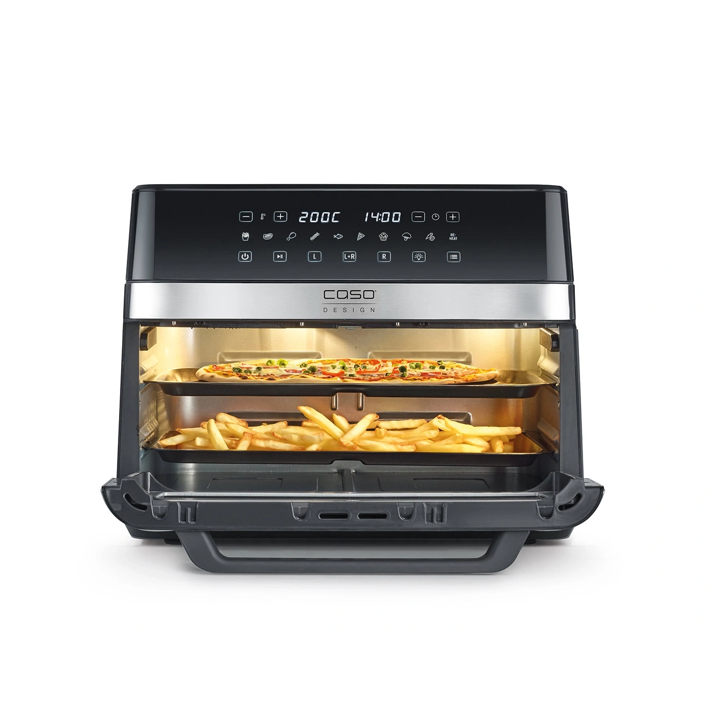 Air fryer with pizza and fries, black design, Caso Design appliance