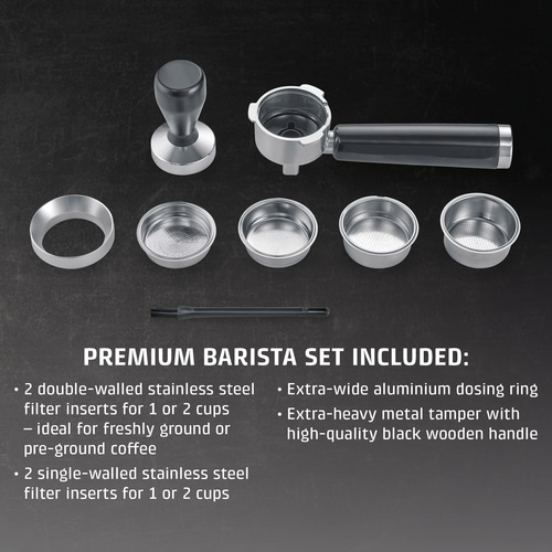 Espresso machine accessory set with tamper, baskets and portafilter on dark background