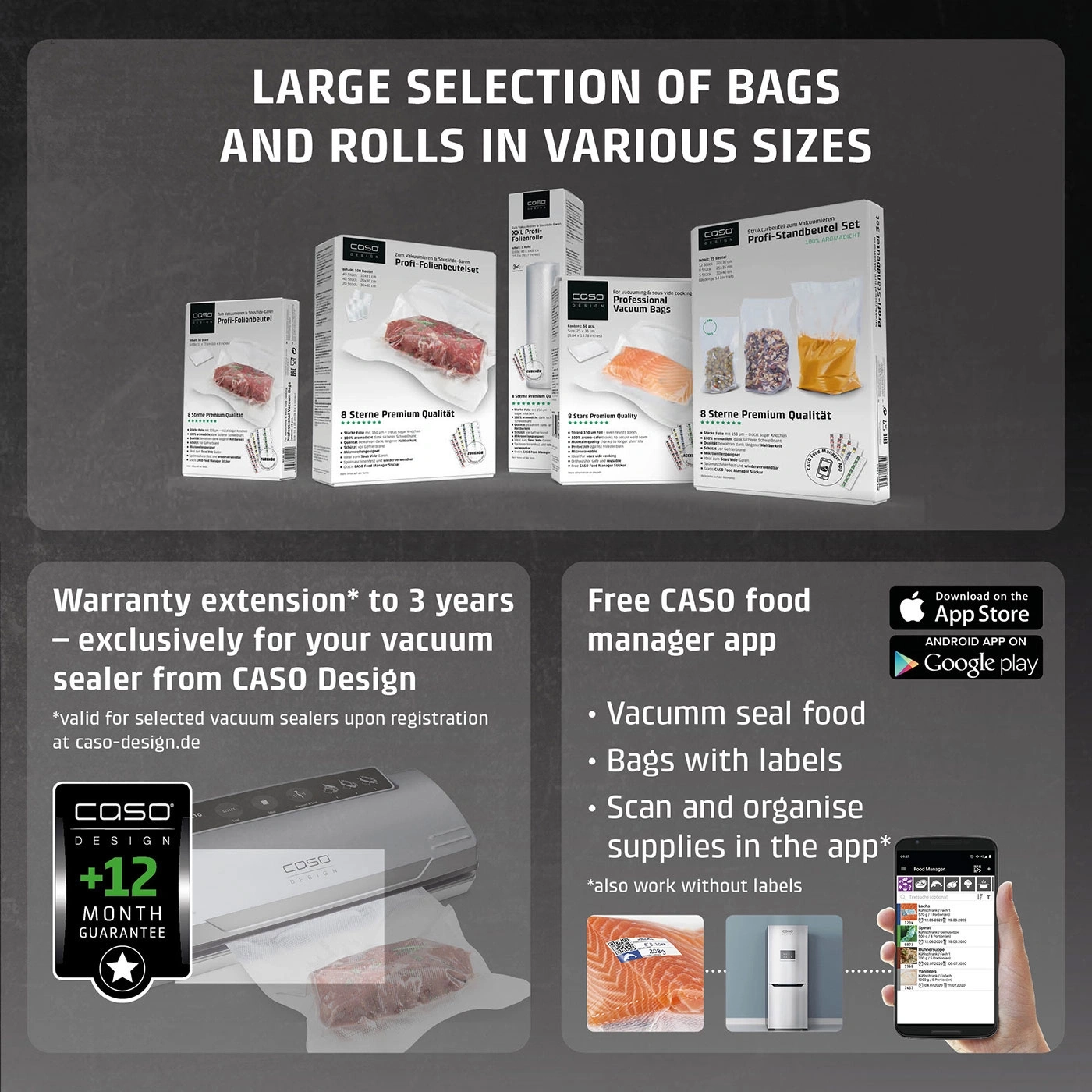 A selection of vacuum sealer bags and rolls from Caso in various sizes, with warranty and an app.