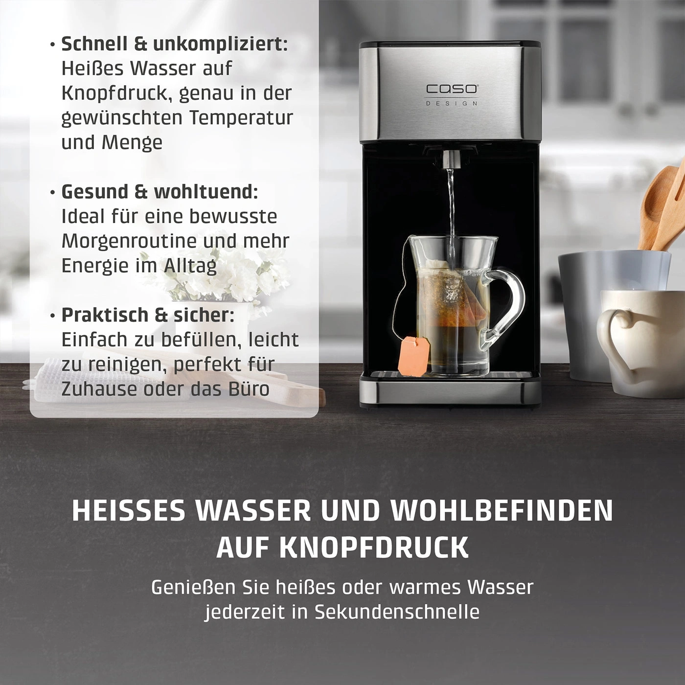 Ein Wasserspender mit heißem Wasser auf Knopfdruck für Tee.
