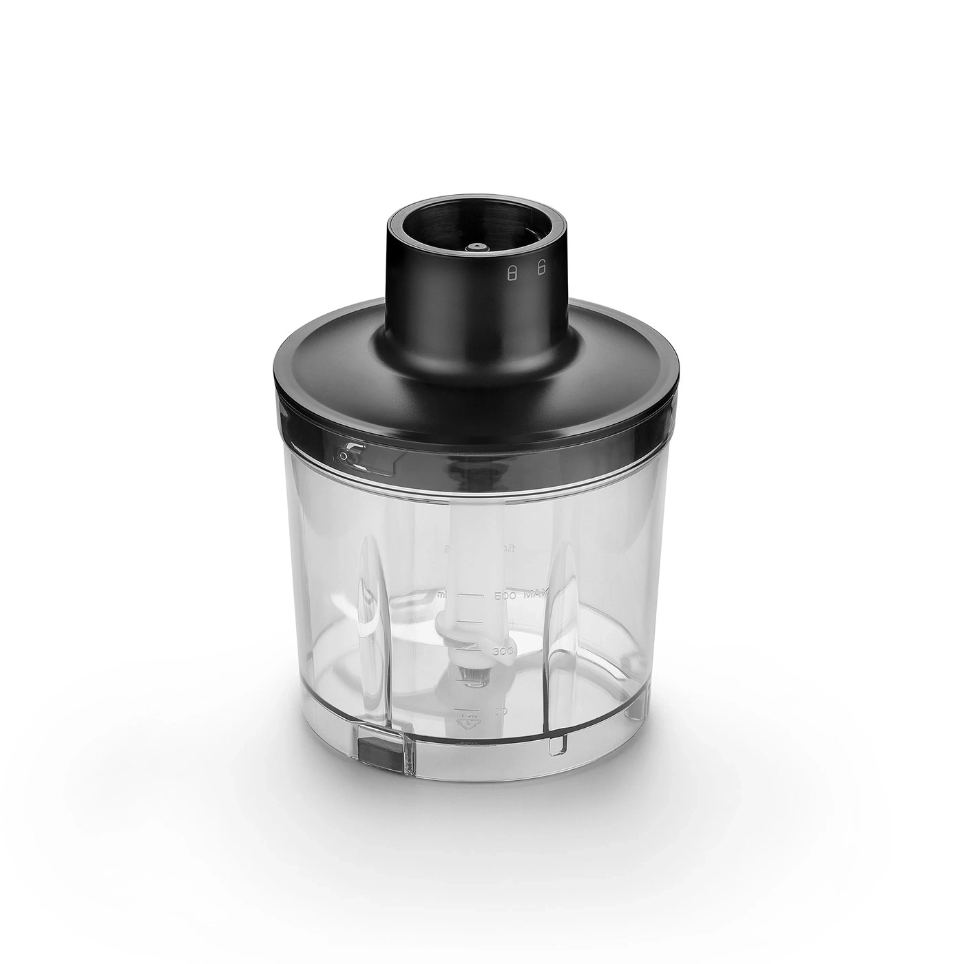 Black blender with transparent container isolated on white background.