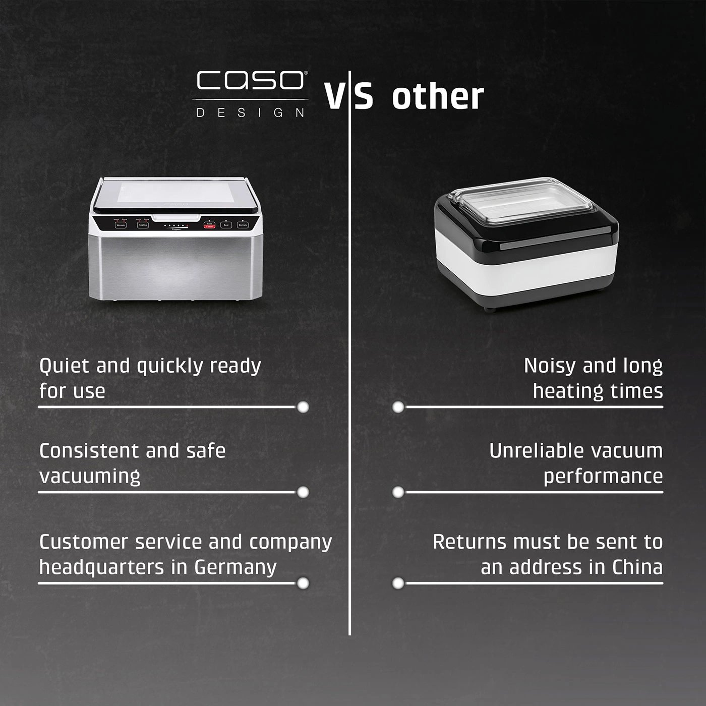 Comparison of CASO vacuum sealer with other devices.