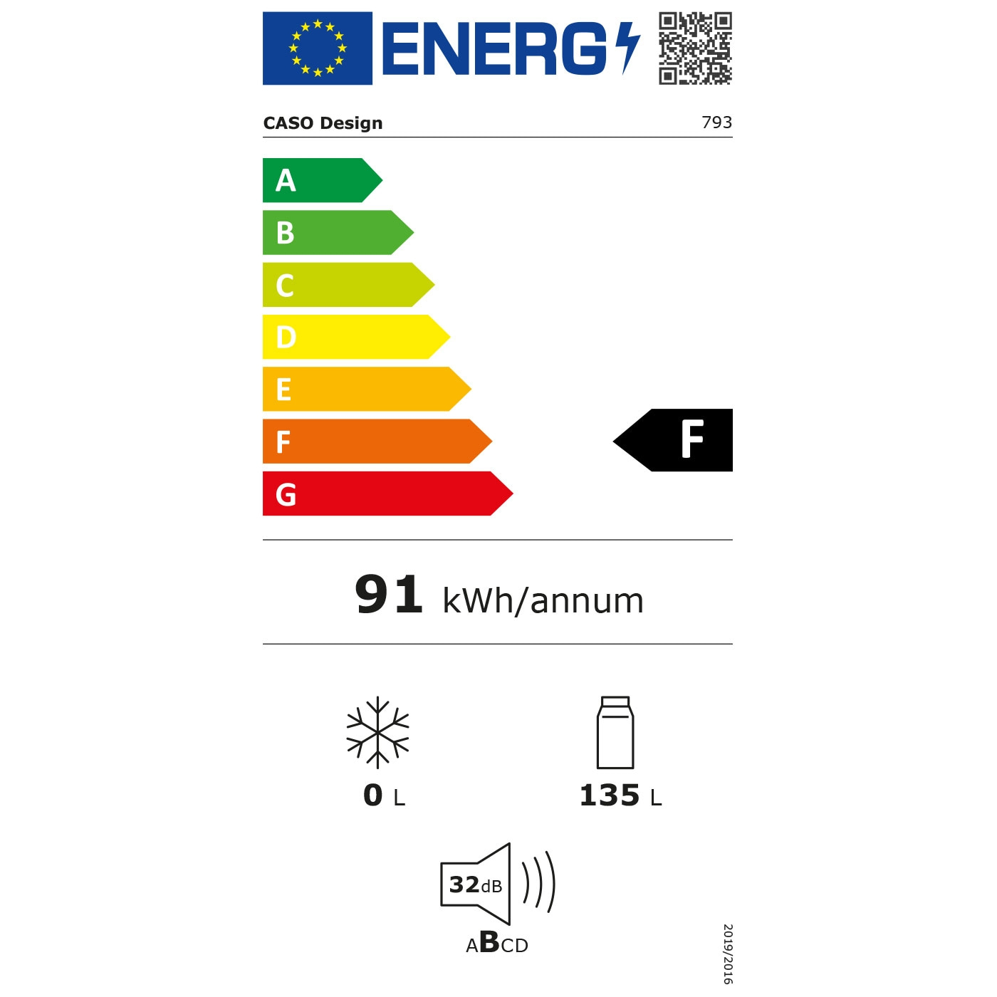 Energieetikett für Kühlschrank: Energieeffizienz F, 91 kWh/annum, 135L, 32dB