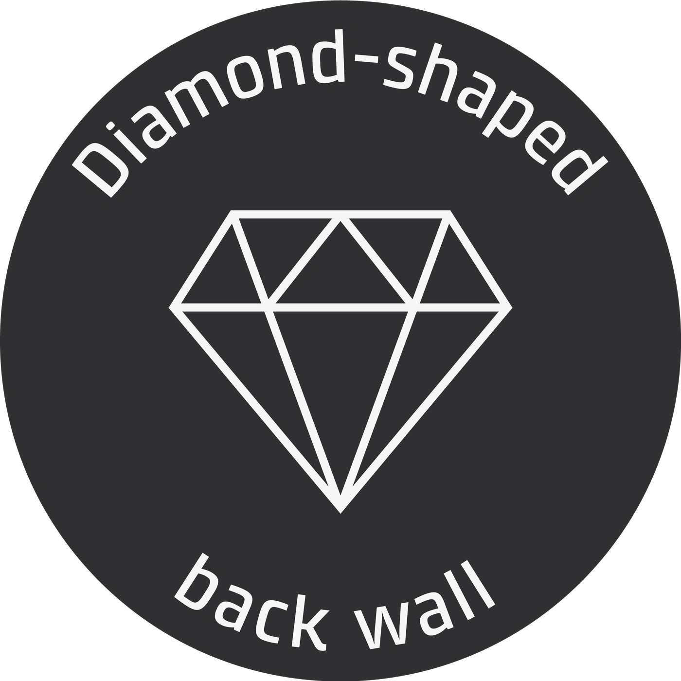 Diamond-shaped back wall, black background, white diamond, text, design, graphic, circle