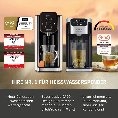 Zwei Caso Heißwasserspender mit Auszeichnungen und Teezubereitung.