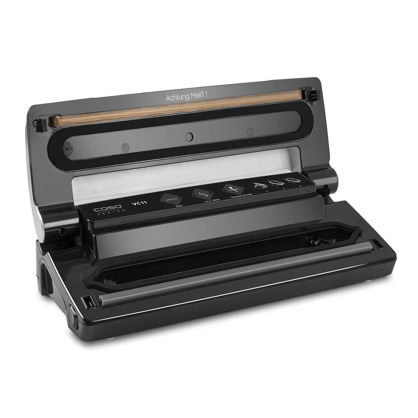 Black Caso VC11 vacuum sealer, open, with control panel and the text 'Achtung:Heiß!'