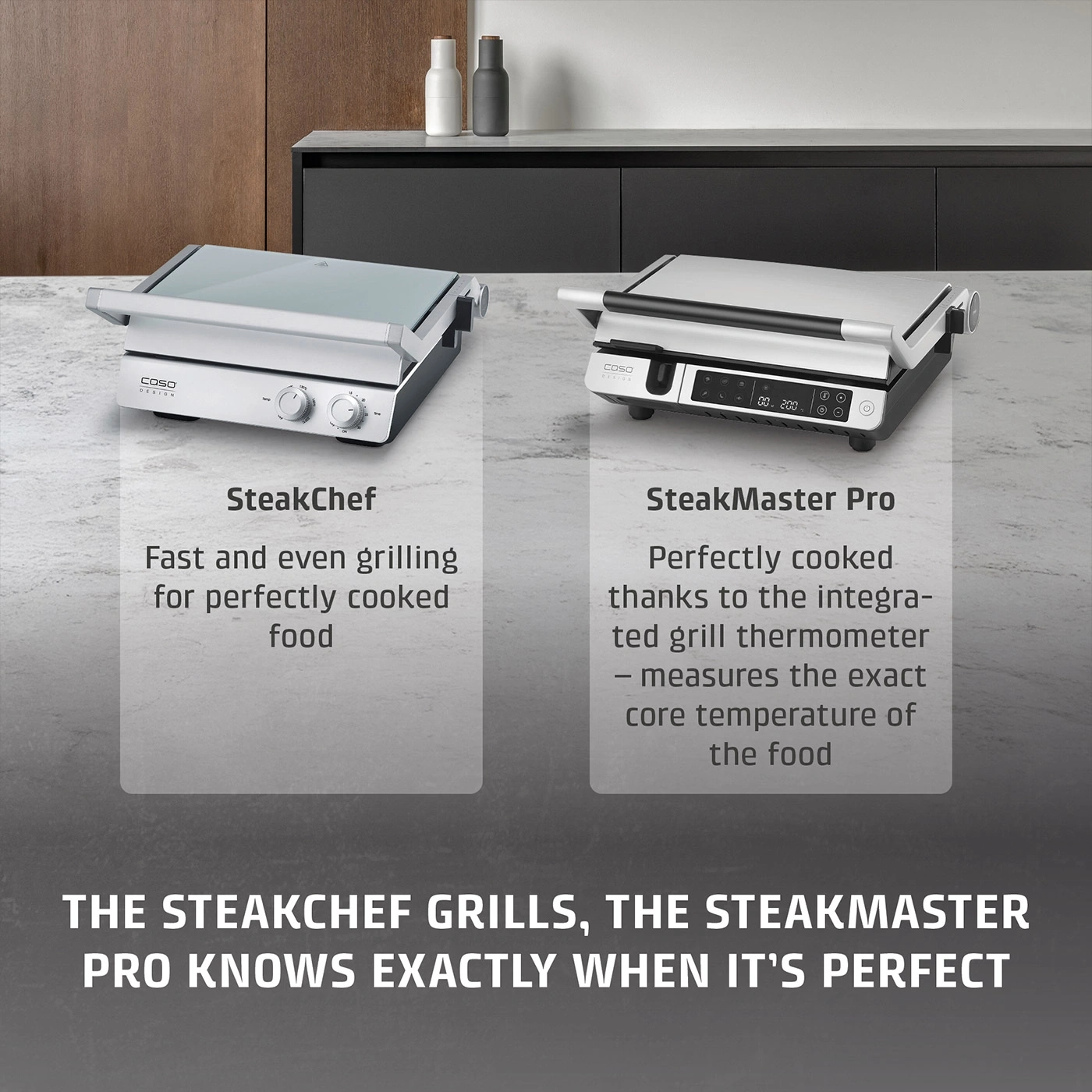 Two Caso grills, SteakChef and SteakMaster Pro, on a countertop.