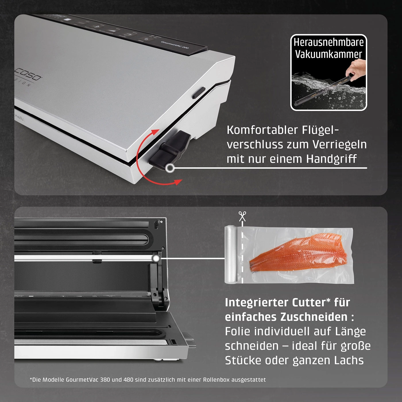 Vakuumierer mit abnehmbarer Vakuumkammer und integriertem Cutter für Lachs.