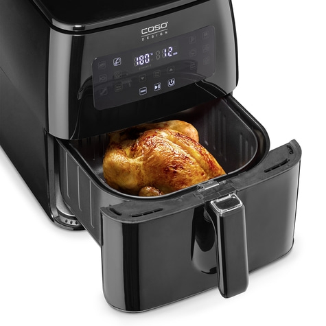 Black air fryer with chicken, control panel, basket, design, cooking, food, kitchen, appliance.