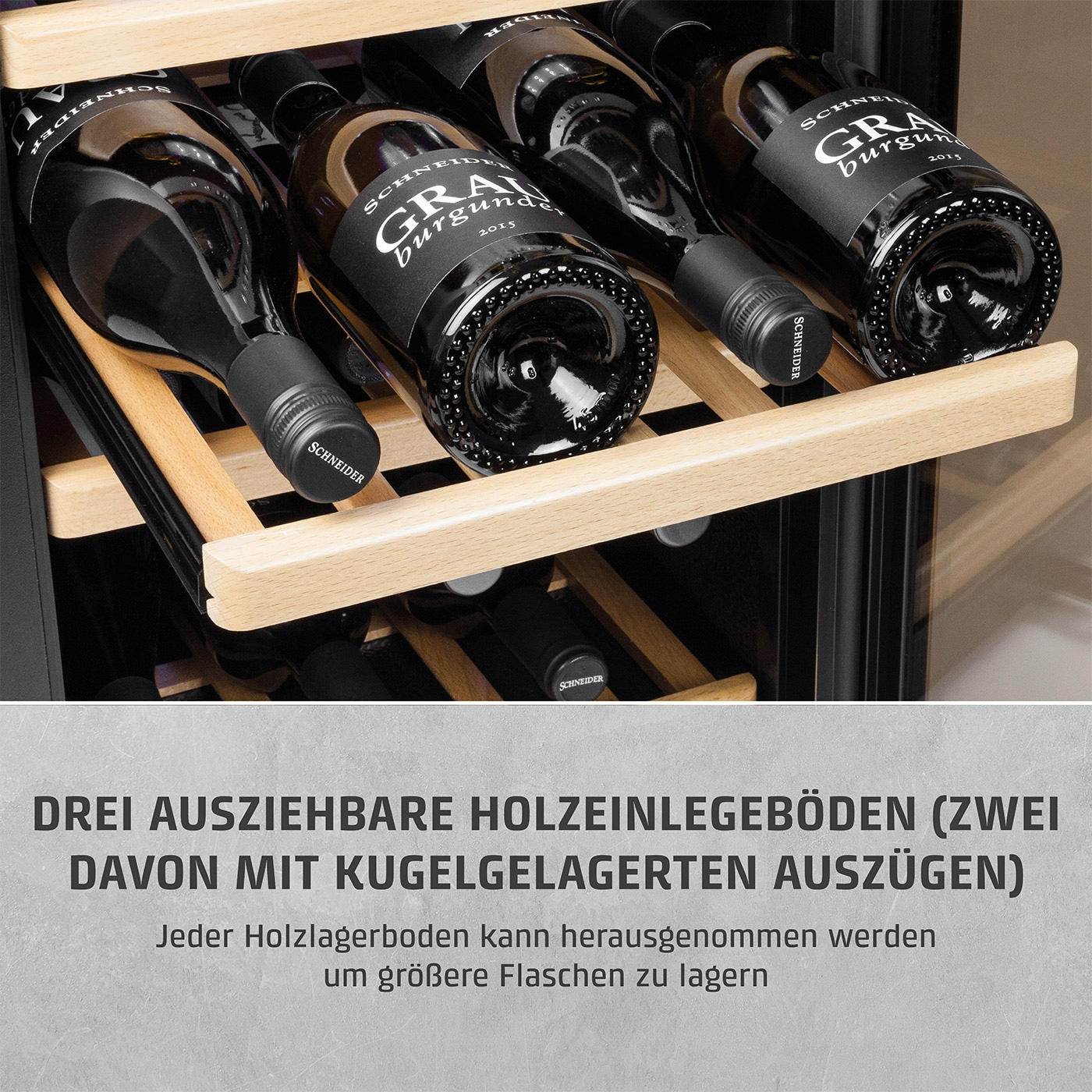 Weinkühlschrank mit Holzböden und Weinflaschen, Text über die Funktion.