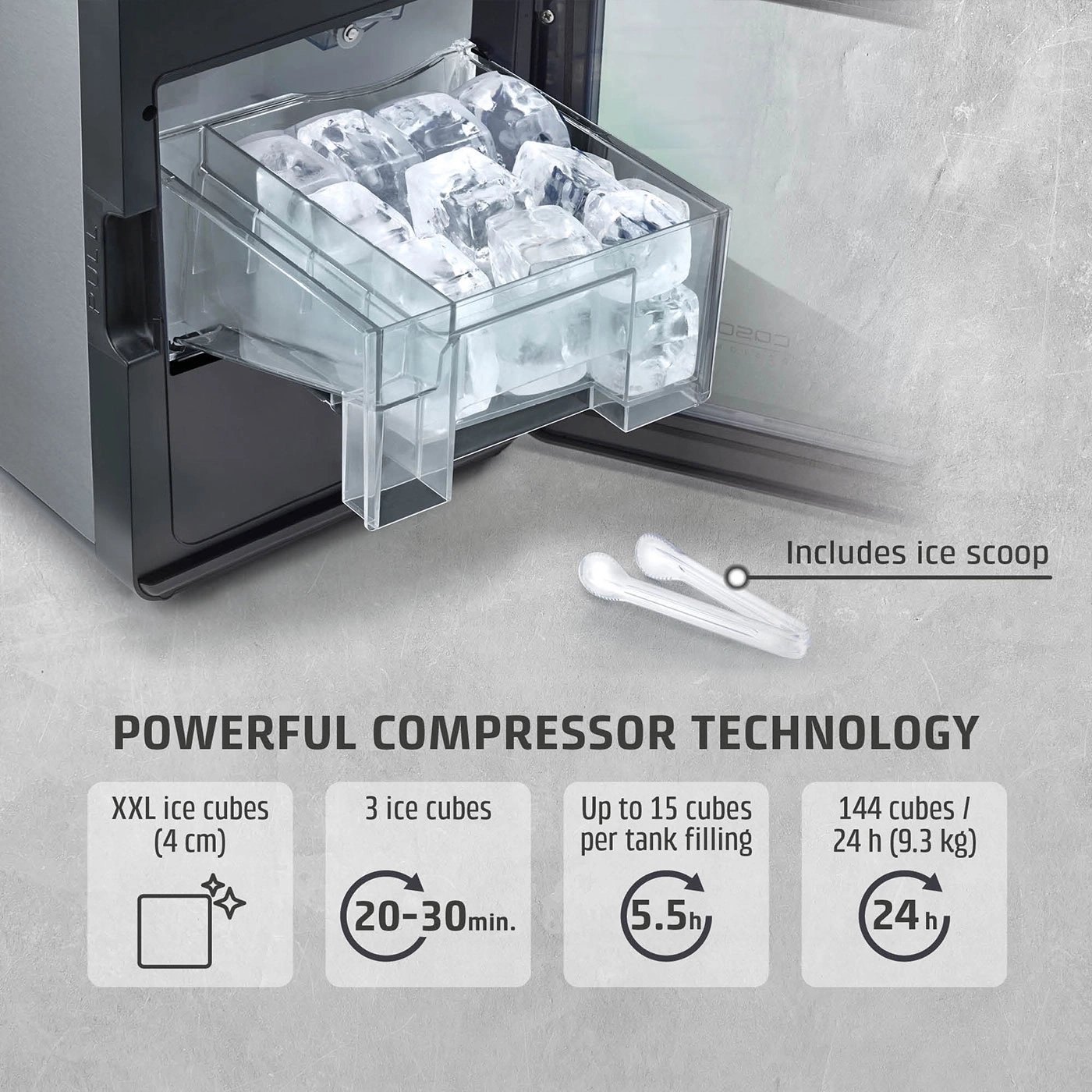 Ice cube machine with powerful compressor technology, XXL ice cubes, 3 ice cubes, 15 pieces per tank, 144 cubes/24h