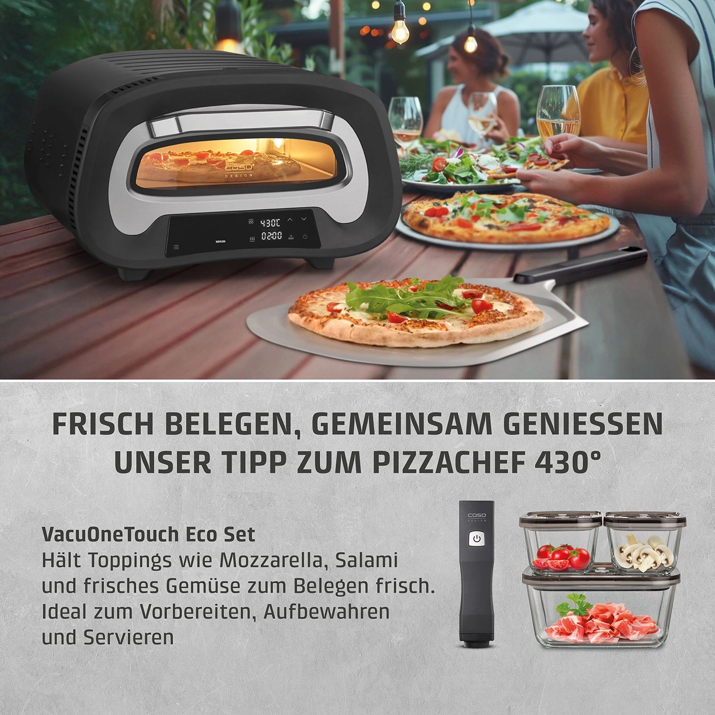 Pizzaofen mit Pizza und Menschen, die Pizza essen und genießen.
