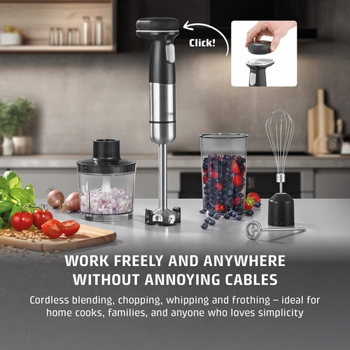 Hand blender with accessories and text: Work freely and everywhere without annoying cables.
