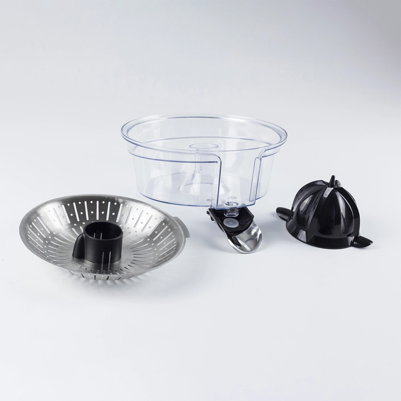 Kitchen appliance accessories: bowl, sieve, lid, juicer, transparent, black, stainless steel