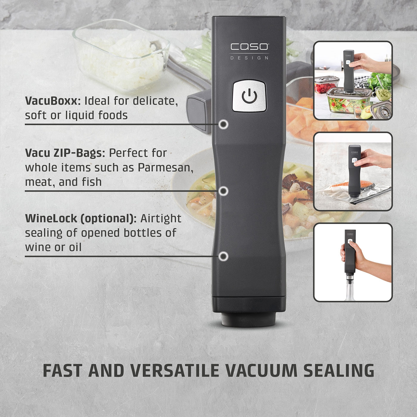 Vacuum device with text: VacuBoxx, Vacu ZIP-Bags, WineLock. Fast & versatile vacuuming.