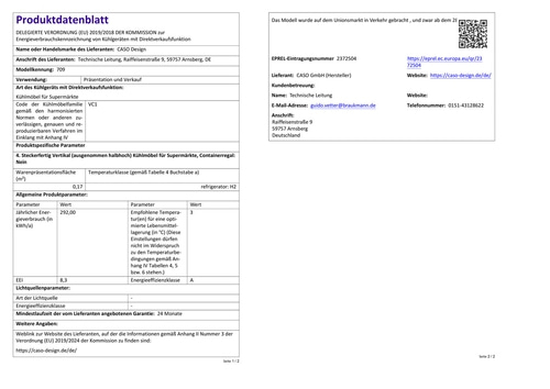 Produktinformationsblatt für Kühlgeräte mit Direktverkaufsfunktion von CASO Design.