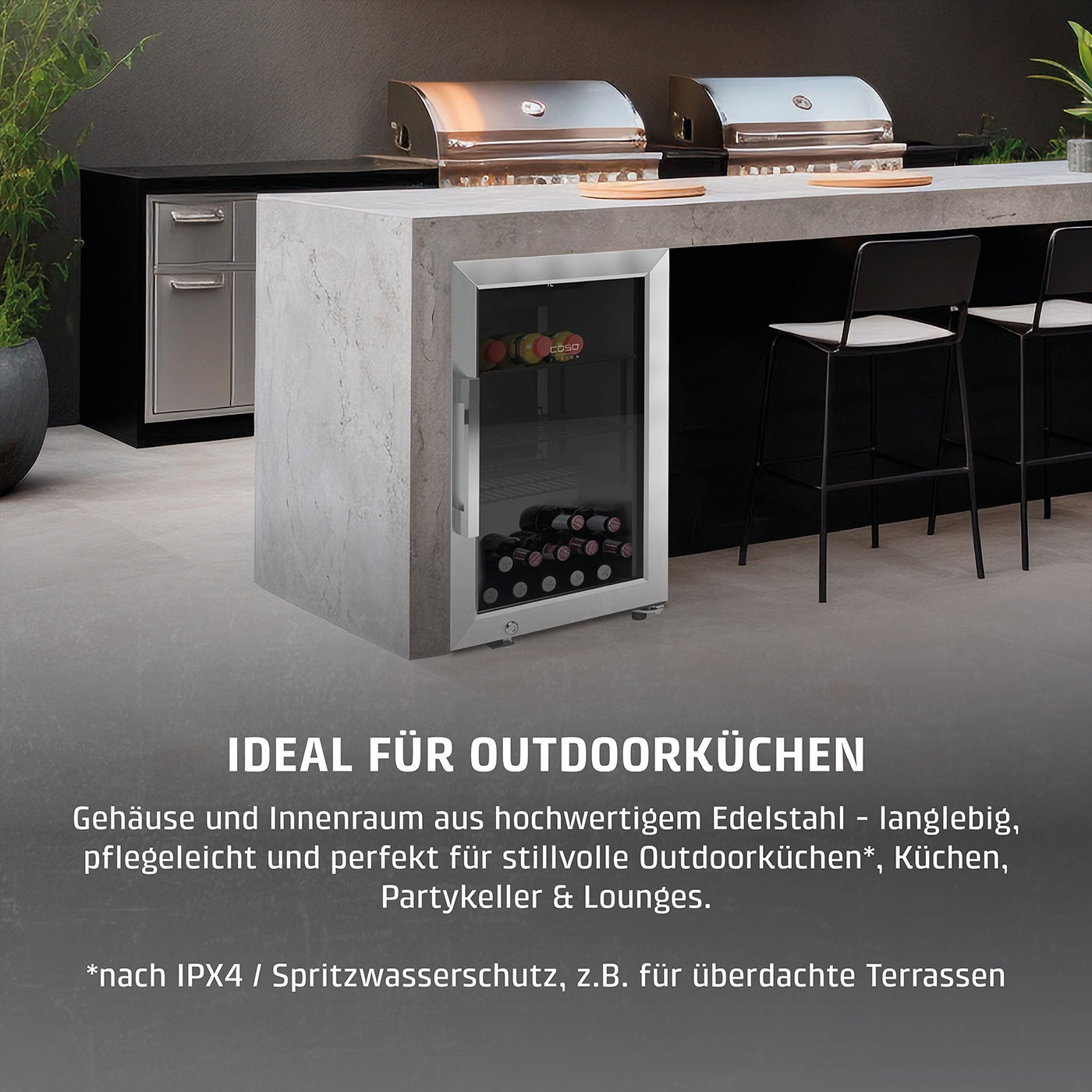 Outdoor-Küche mit Weinkühlschrank, Edelstahl, ideal für Terrassen und Lounges.