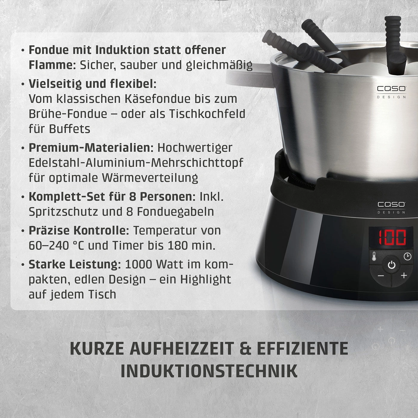 Ein Induktions-Fondue-Set mit detaillierten Produktmerkmalen und einem Bild des Geräts.