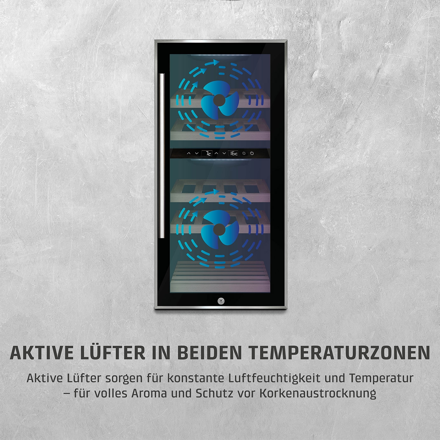 Weinkühlschrank mit aktiven Lüftern, Temperaturanzeige und Text über Aroma und Schutz.