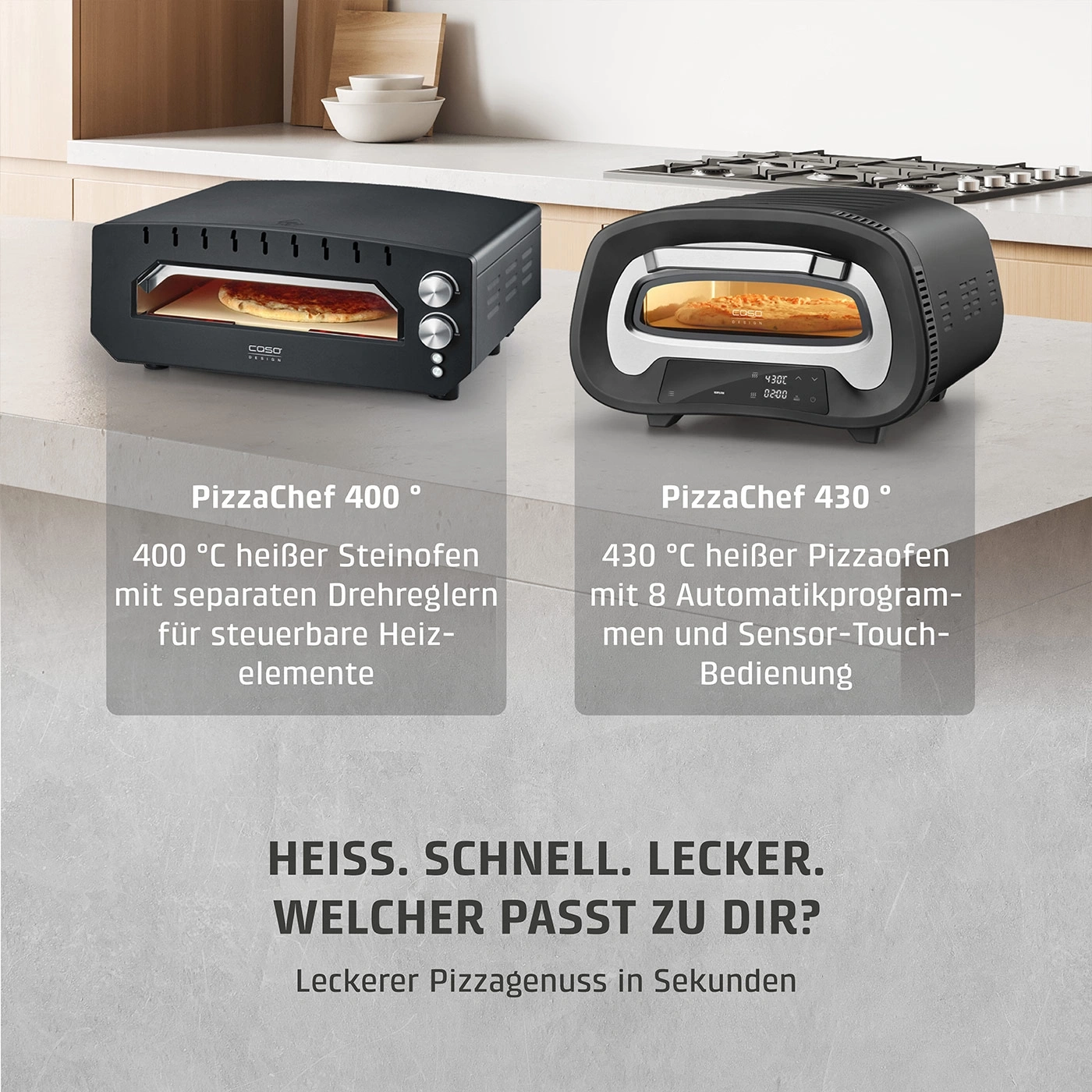 Zwei Pizzaöfen, PizzaChef 400 und PizzaChef 430, auf einer Küchentheke.