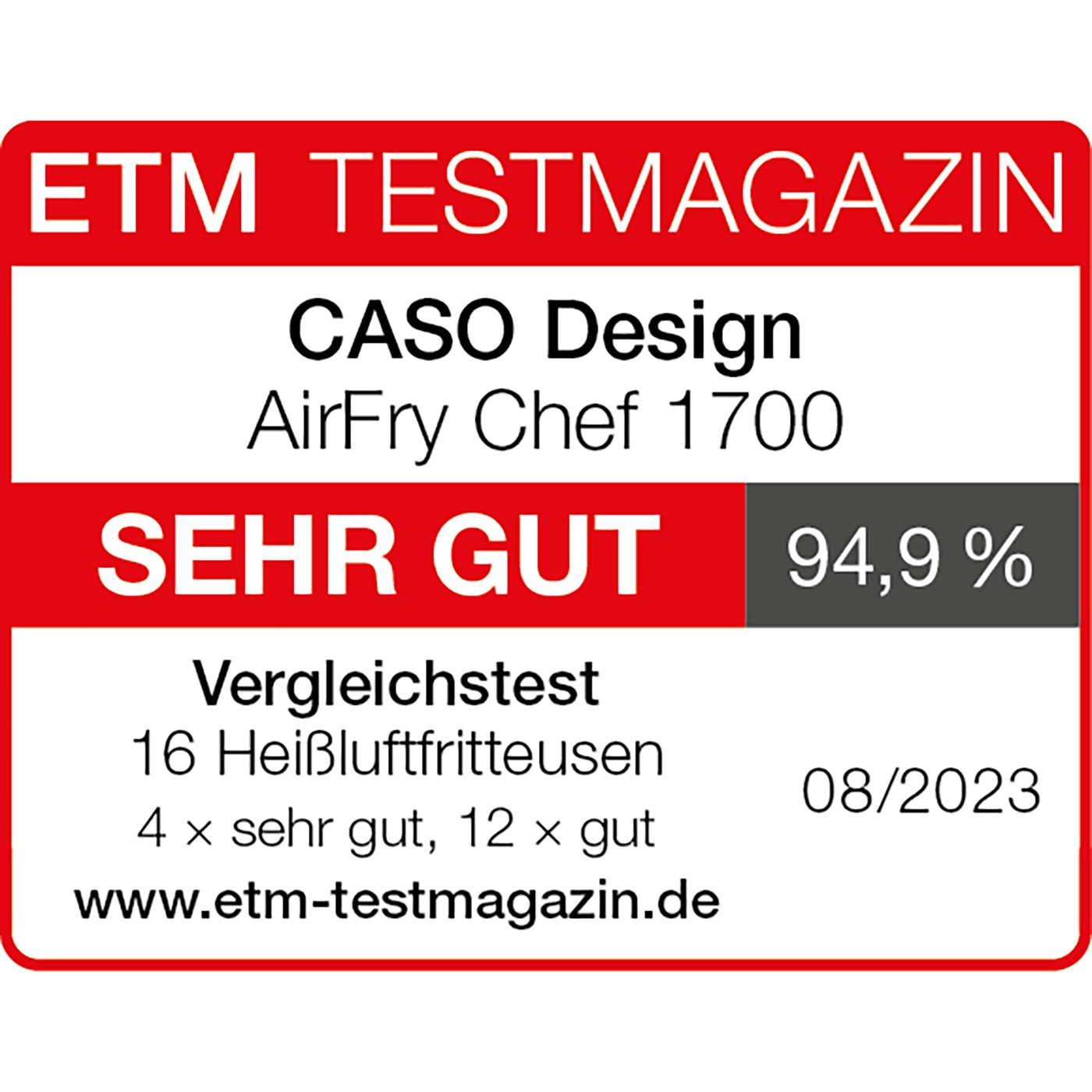 ETM Testmagazin Bewertung: CASO AirFry Chef 1700, SEHR GUT, 94,9%, 08/2023