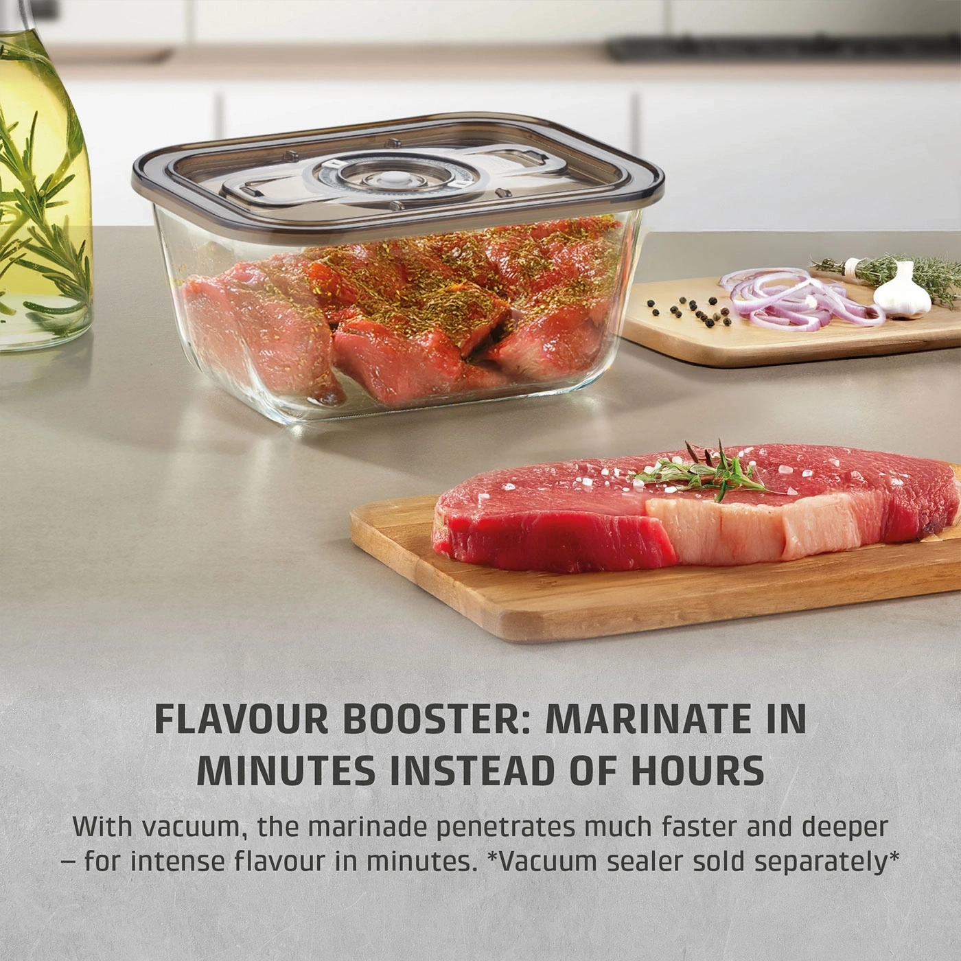 Meat marinating in a container with a vacuum lid for flavor enhancement.