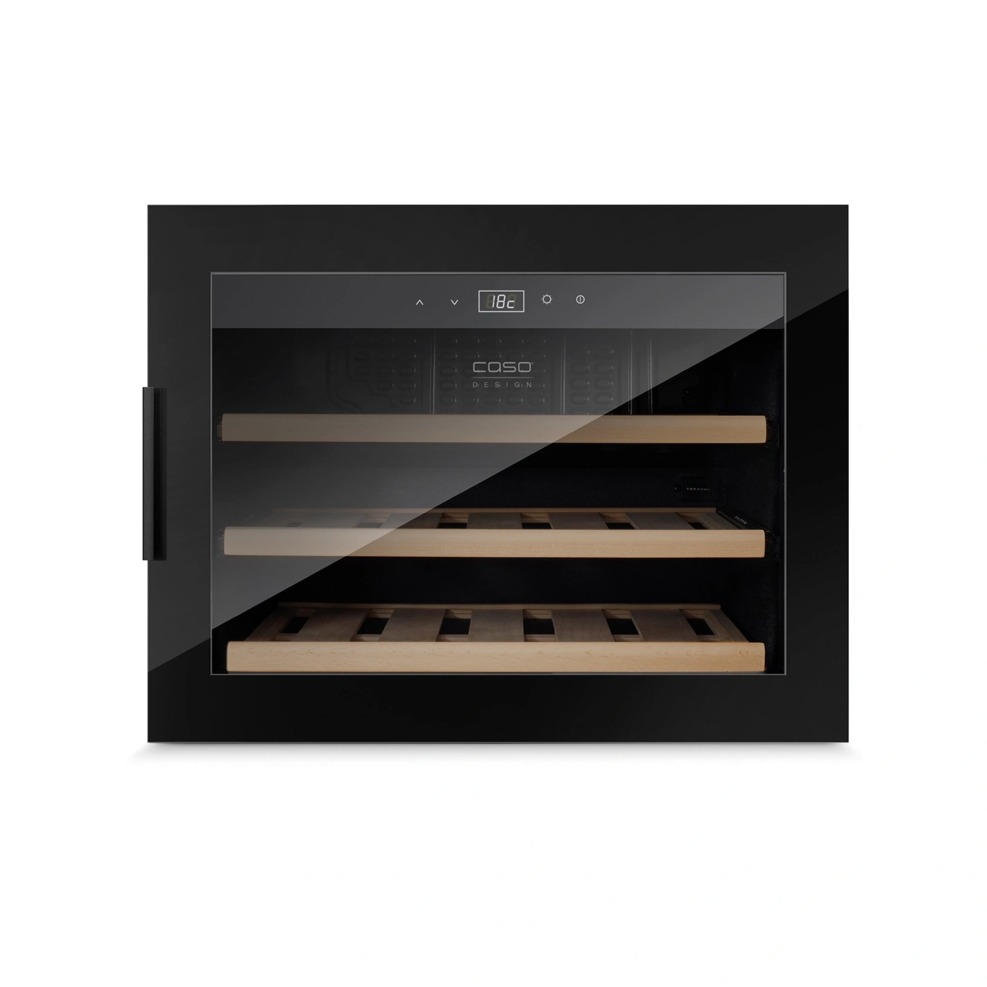 Black wine cooler with glass door, wooden shelves, and temperature display.
