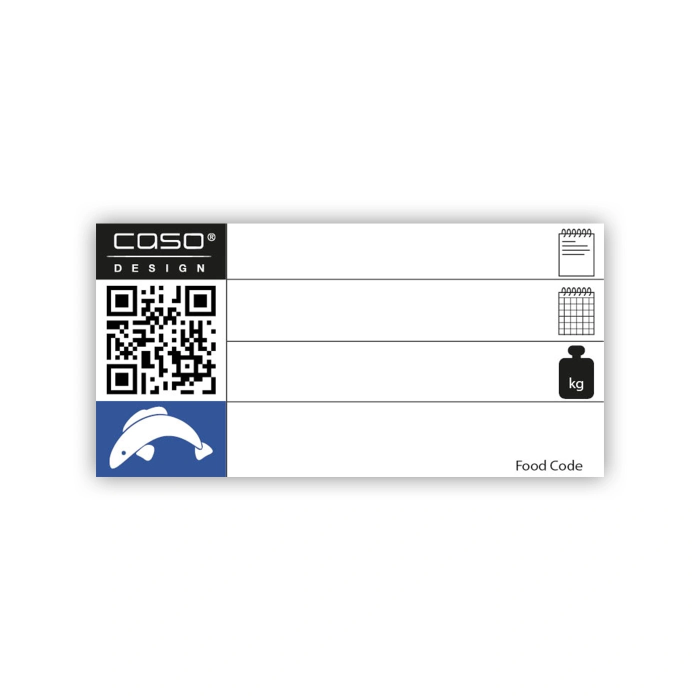 Etikett mit QR-Code, Fischsymbol, kg-Symbol und Text 'Food Code'