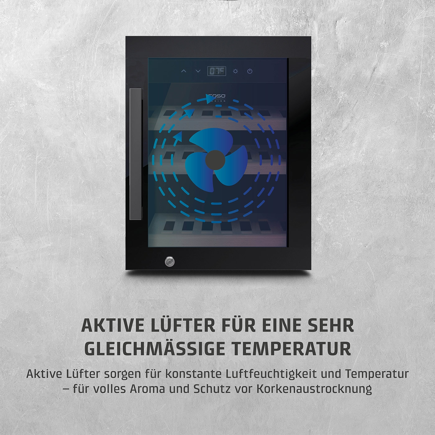 Weinkühlschrank mit aktiven Lüftern für gleichmäßige Temperatur und Aroma.