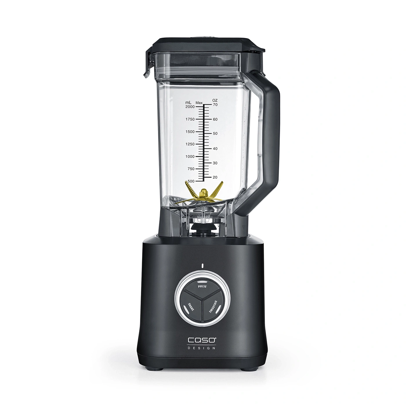 Black blender with measuring cup, control panel, and COSO design logo. For smoothies and shakes.
