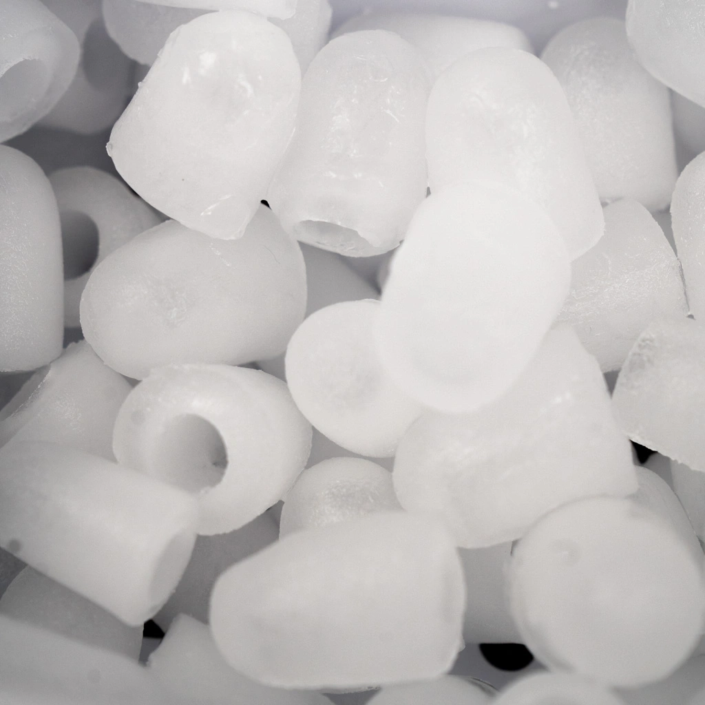Close-up of ice cubes in a container, white and cold, ready to chill.