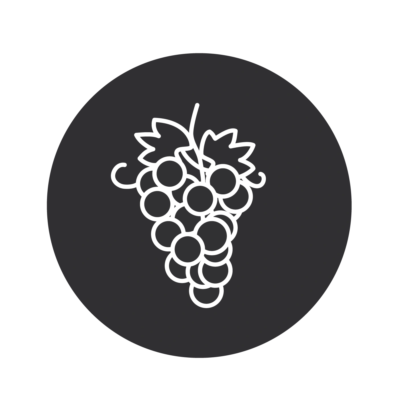 Weintrauben-Symbol in einem dunklen Kreis auf schwarzem Hintergrund
